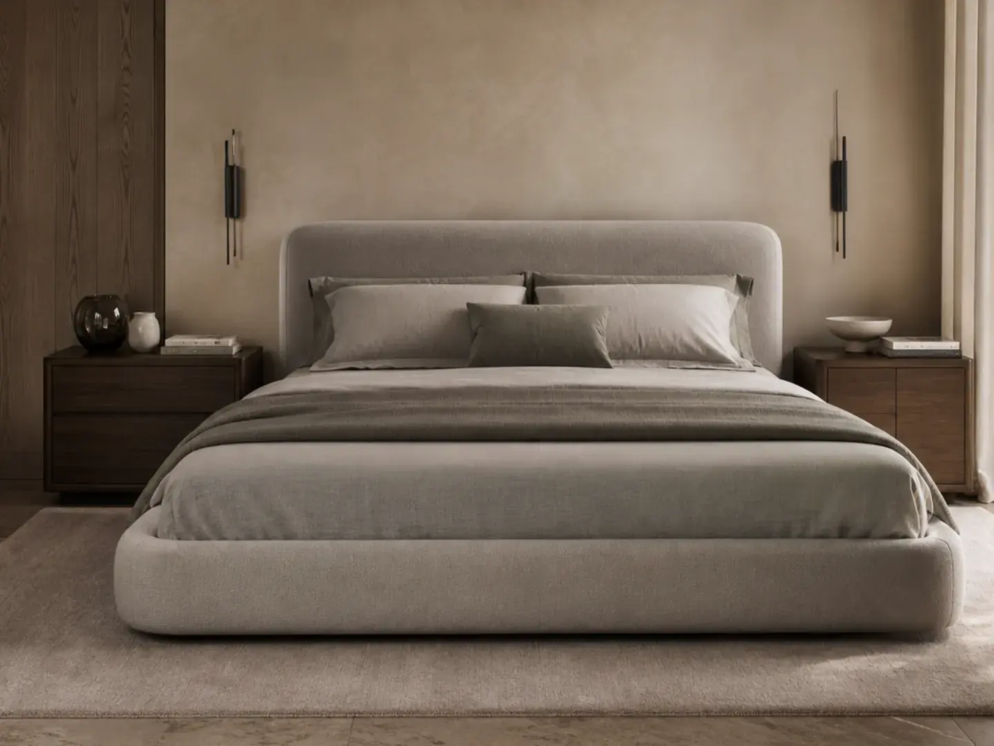 Warm bedroom with upholstered bed and layered bedding