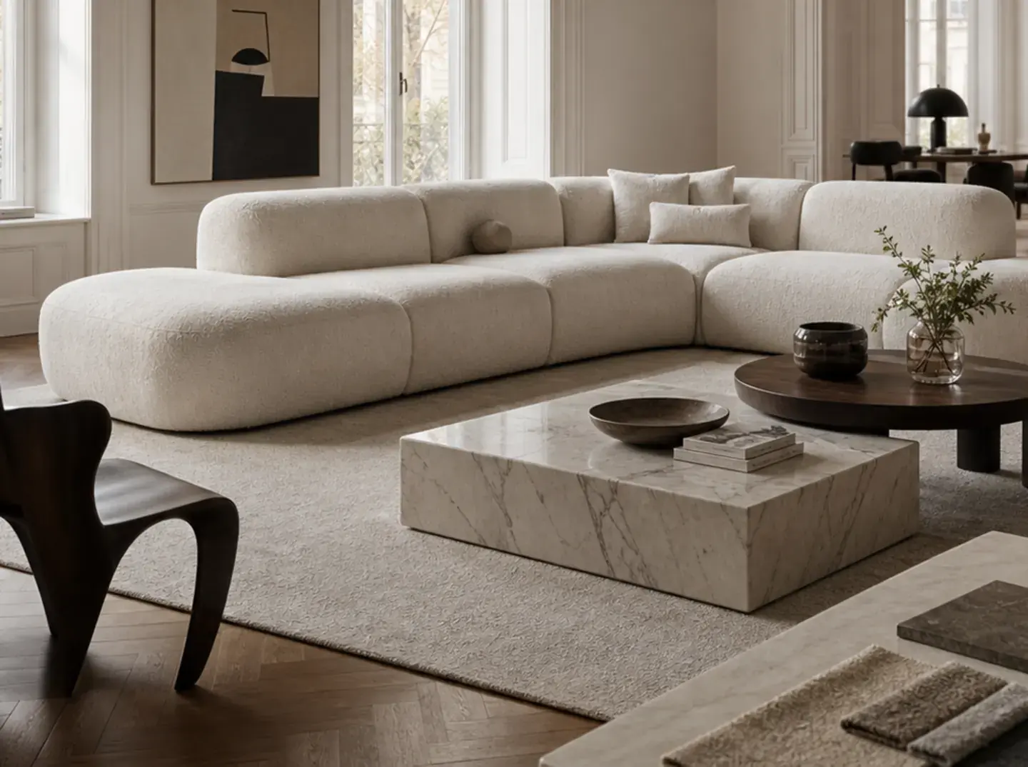 Close view of a modern fabric sofa near a bright window